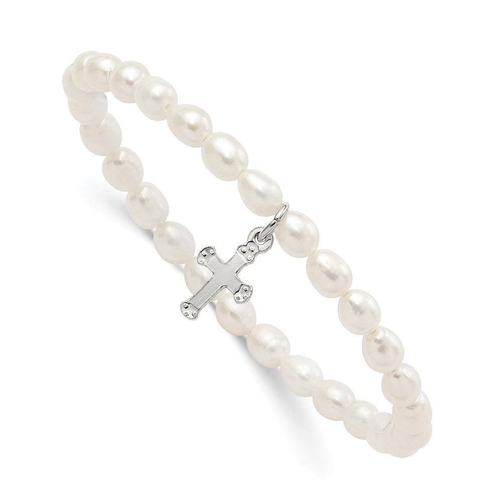 Sterling Silver Cross Freshwater Cult. Pearl 5 Inch Stretch Bracelet W/gift Pouch
