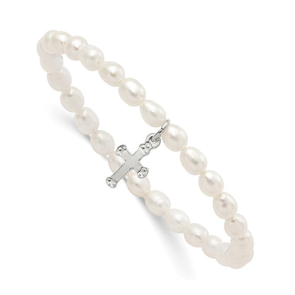 Sterling Silver Cross Freshwater Cult. Pearl 5 Inch Stretch Bracelet W/gift Pouch