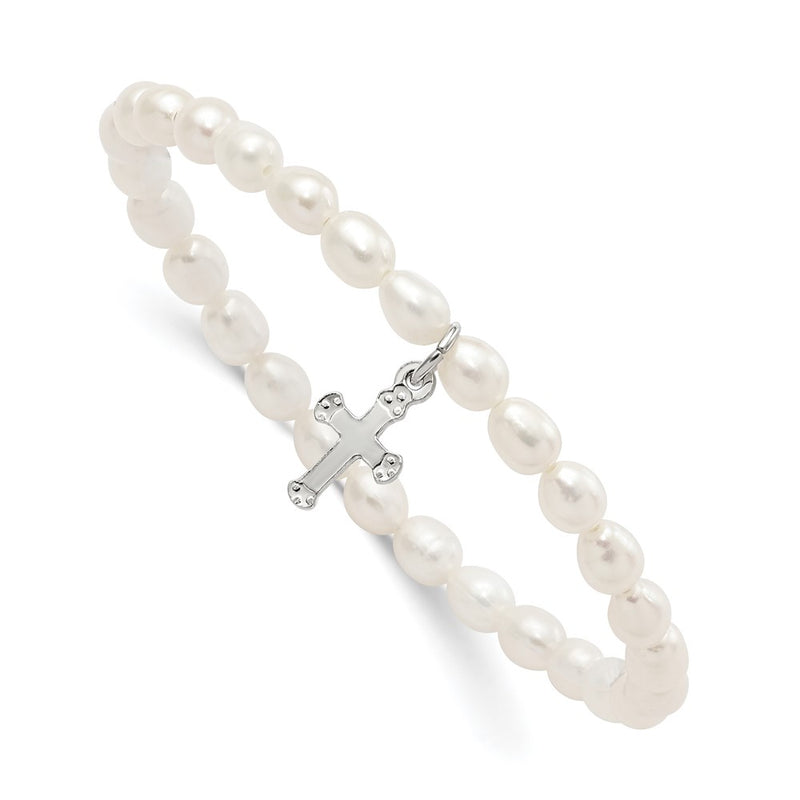Sterling Silver Cross Freshwater Cult. Pearl 5 Inch Stretch Bracelet W/gift Pouch