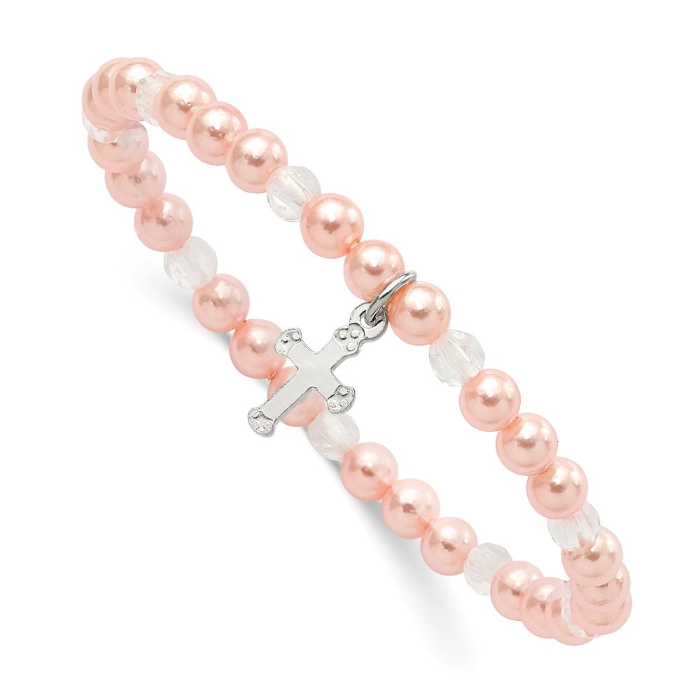 Sterling Silver Pink Shell Bead & Crystal Stretch Cross Bracelet W/pouch
