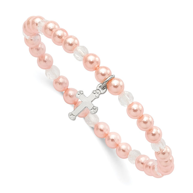 Sterling Silver Pink Shell Bead & Crystal Stretch Cross Bracelet W/pouch