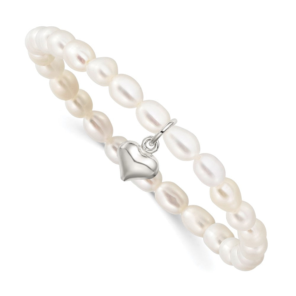 Sterling Silver Heart Freshwater Cult. Pearl 5 Inch Stretch Bracelet W/gift Pouch