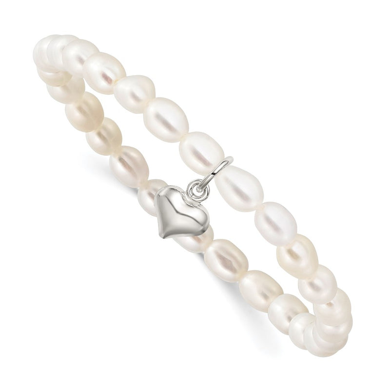 Sterling Silver Heart Freshwater Cult. Pearl 5 Inch Stretch Bracelet W/gift Pouch