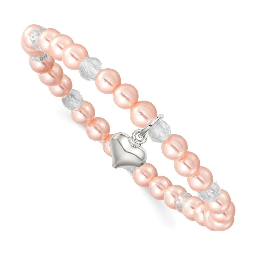 Sterling Silver Heart Pink Shell Bead & Crystal Stretch Bracelet W/pouch