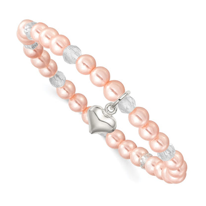 Sterling Silver Heart Pink Shell Bead & Crystal Stretch Bracelet W/pouch