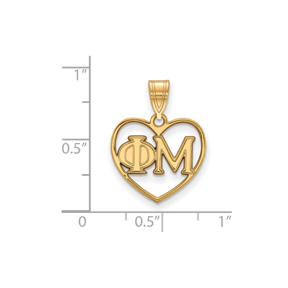 Gold Plated Sterling Silver Logoart Phi Mu Sorority Greek Letters Heart Pendant