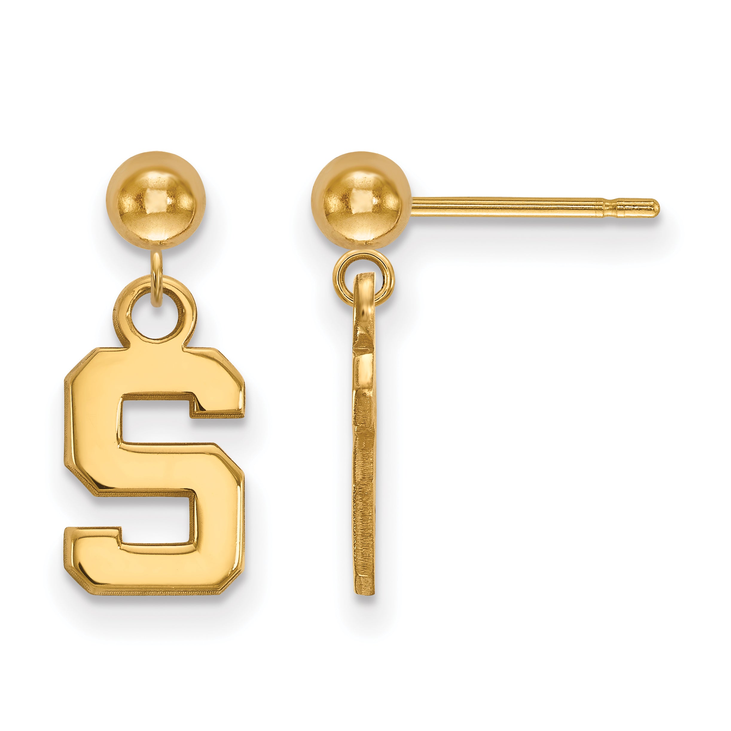 14K Yellow Gold Logoart Michigan State University Letter S Dangle Ball Post Earrings