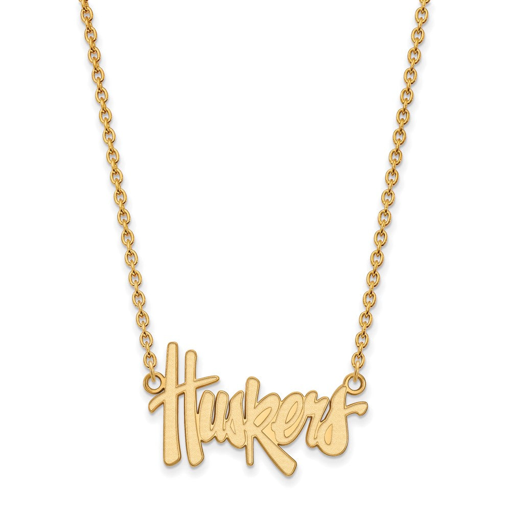 Gold Plated Sterling Silver Logoart University Of Nebraska Huskers Script Large Pendant 18 Inch Necklace