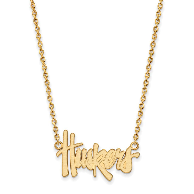 Gold Plated Sterling Silver Logoart University Of Nebraska Huskers Script Large Pendant 18 Inch Necklace