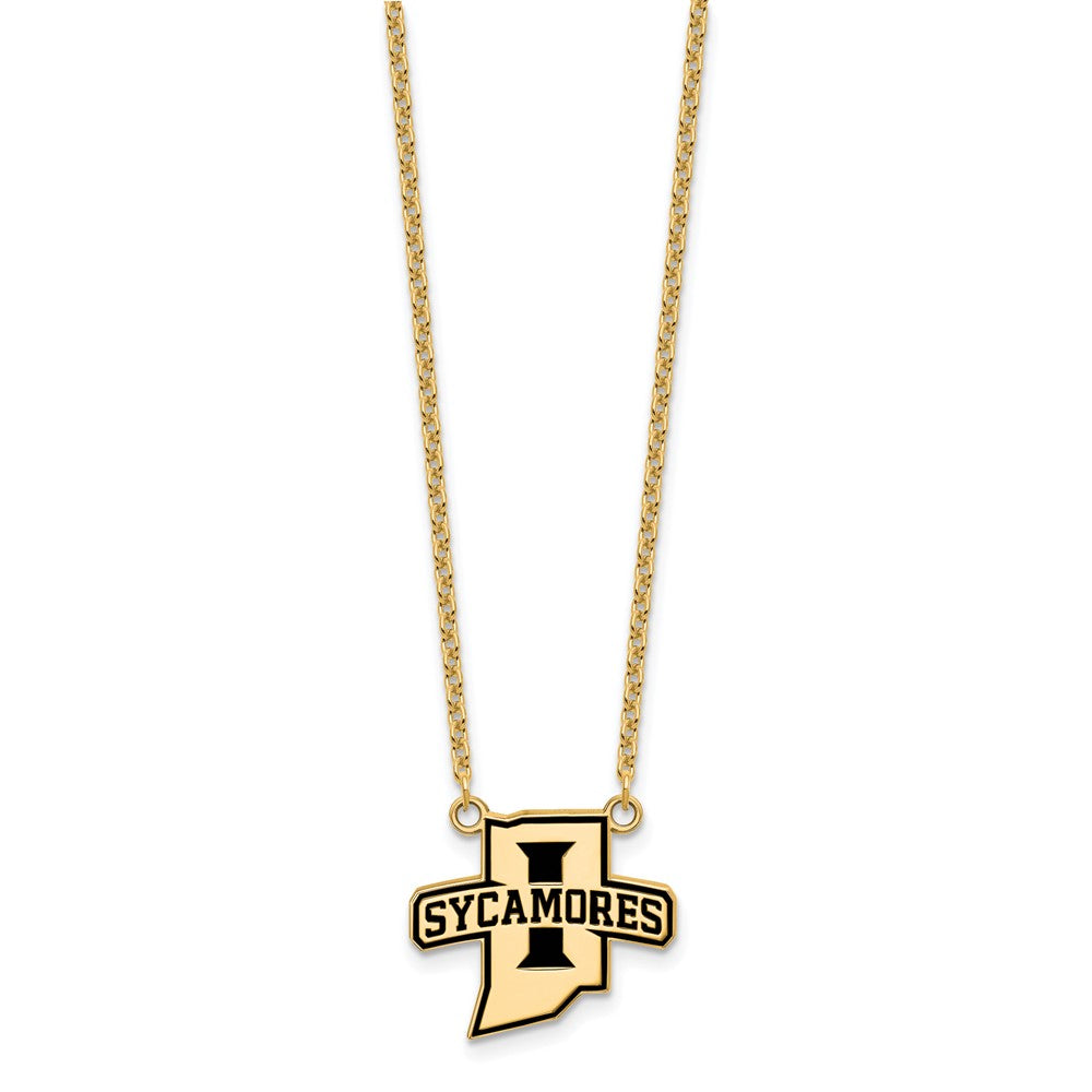 Gold Plated Sterling Silver Logoart Indiana State University Sycamores Large Enameled Pendant 18 Inch Necklace