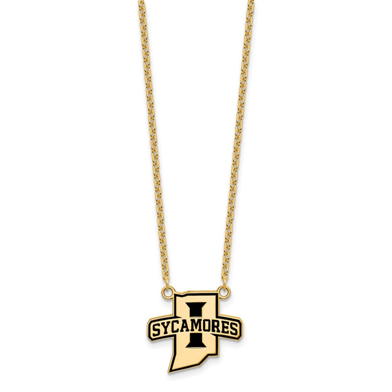 Gold Plated Sterling Silver Logoart Indiana State University Sycamores Large Enameled Pendant 18 Inch Necklace