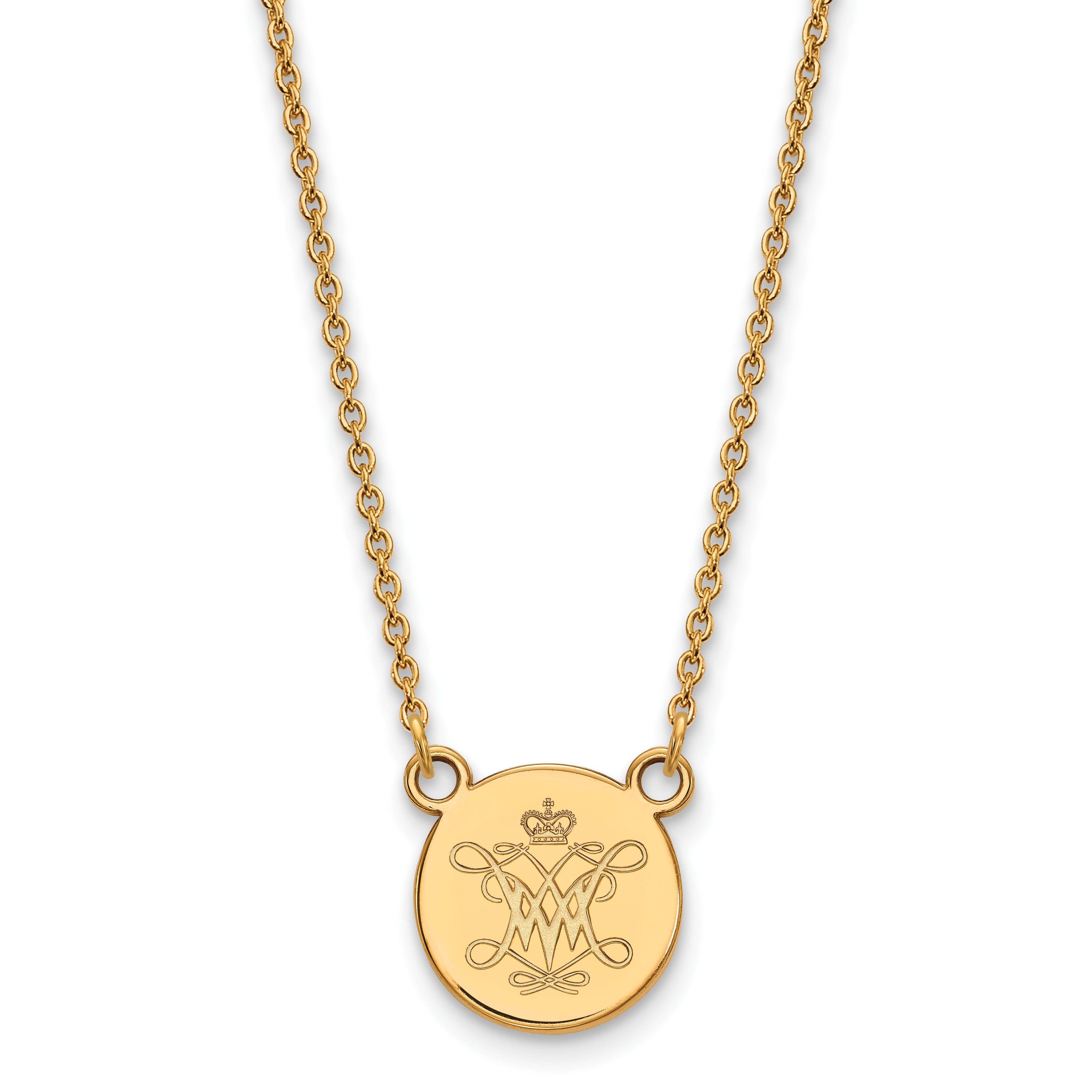 Gold Plated Sterling Silver Logoart College Of William And Mary Small Disc Pendant 18 Inch Necklace