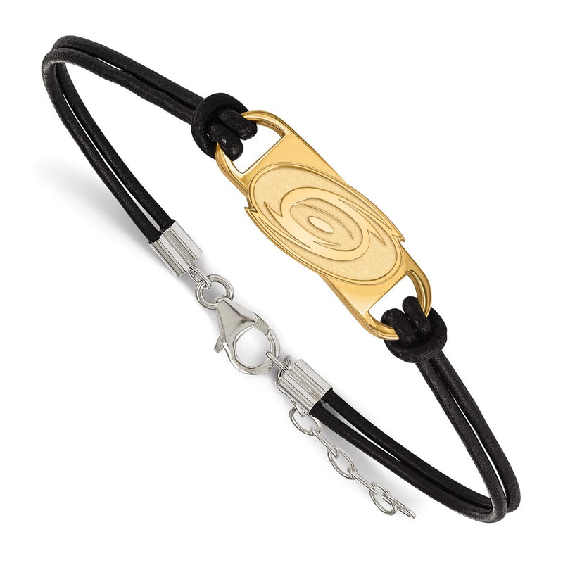 Gold Plated Sterling Silver Nhl Logoart Carolina Hurricanes Small Center Black Leather 7 Inch Bracelet With Extender