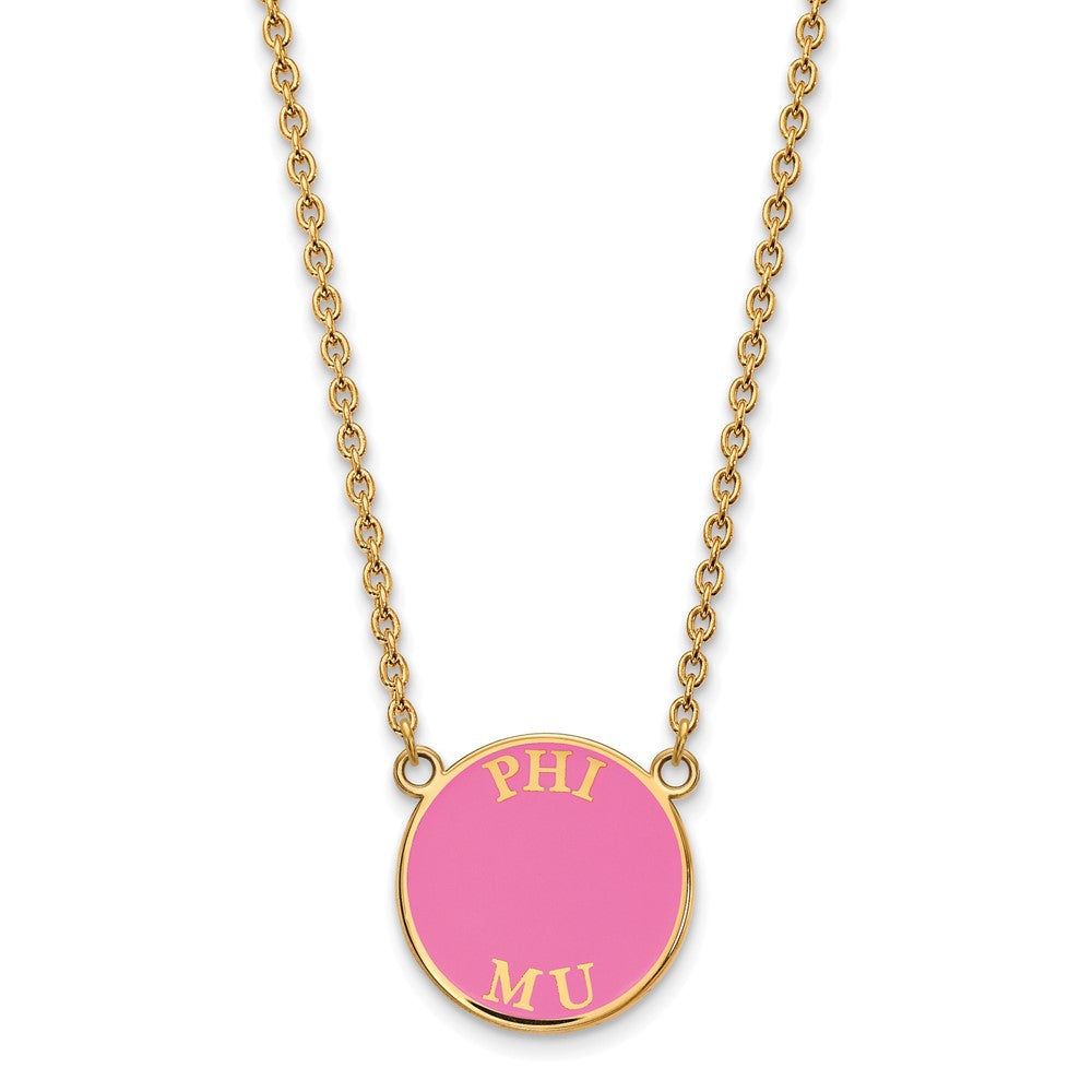 Gold Plated Sterling Silver Logoart Phi Mu Sorority Text Large Color Enamel Pendant 18 Inch Necklace