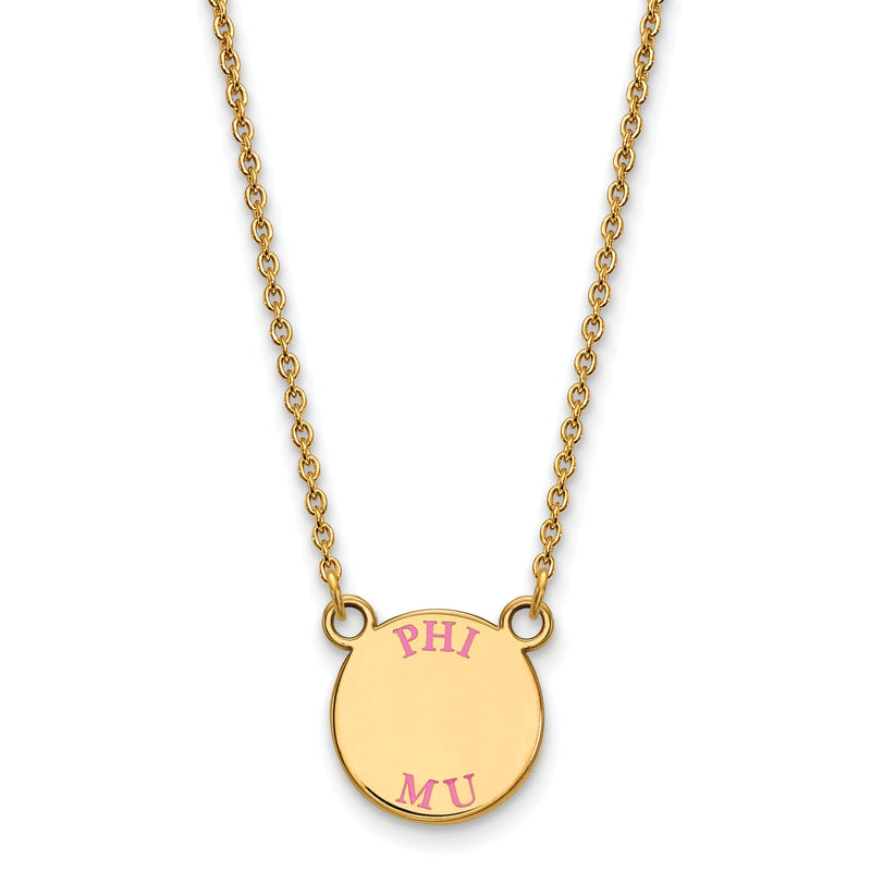Gold Plated Sterling Silver Logoart Phi Mu Sorority Text Small Color Enamel Pendant 18 Inch Necklace