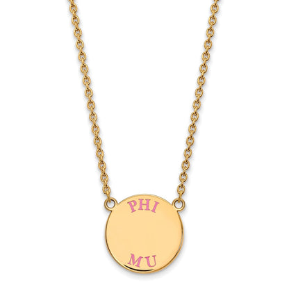Gold Plated Sterling Silver Logoart Phi Mu Sorority Text Large Color Enamel Pendant 18 Inch Necklace