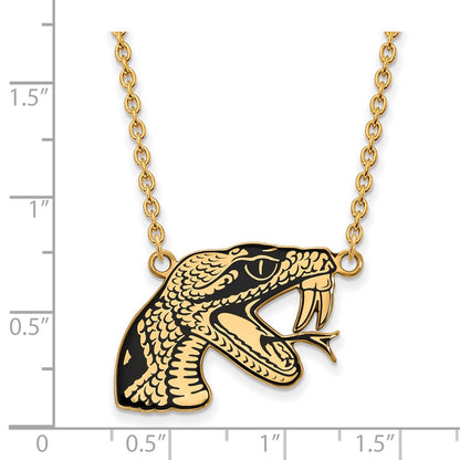 Gold Plated Sterling Silver Logoart Florida A And M University Rattler Large Enameled Pendant 18 Inch Necklace