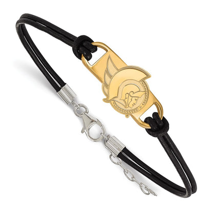 Gold Plated Sterling Silver Nhl Logoart Ottawa Senators Small Center Black Leather 7 Inch Bracelet With Extender