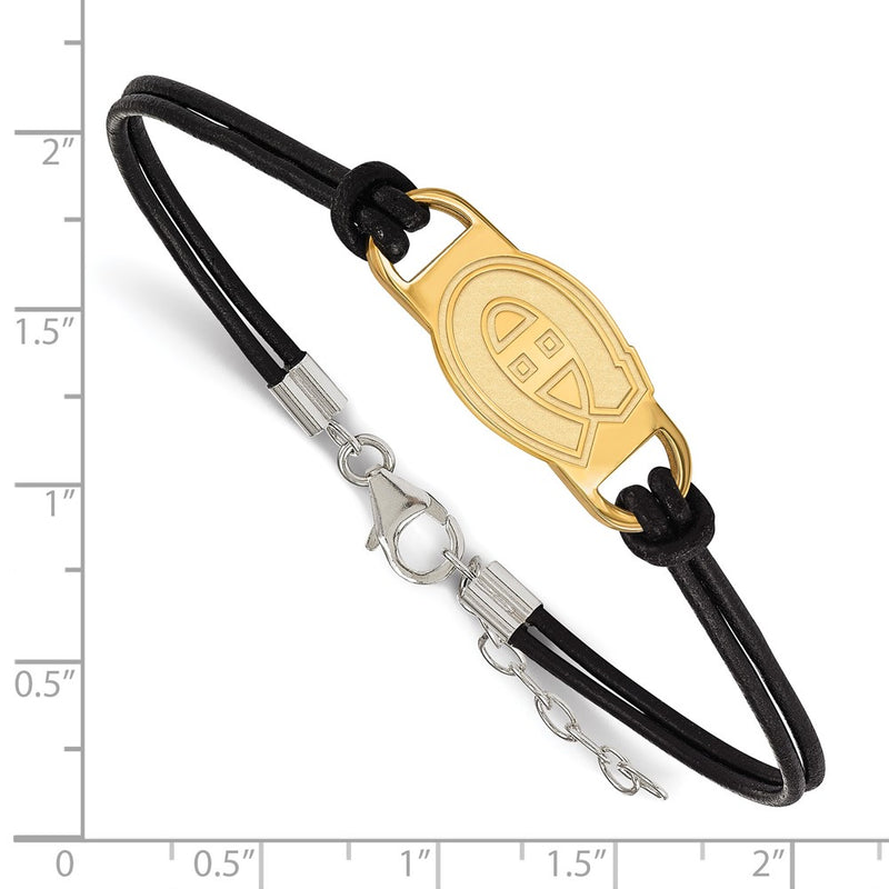 Gold Plated Sterling Silver Nhl Logoart Montreal Canadiens Black Leather 7 Inch Bracelet With Extender