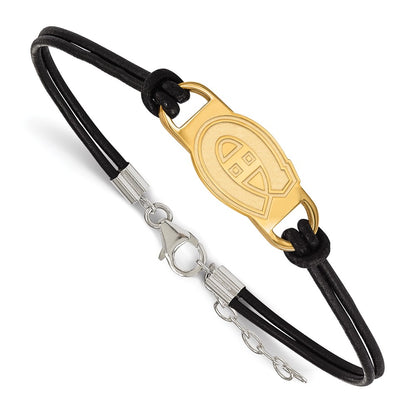 Gold Plated Sterling Silver Nhl Logoart Montreal Canadiens Black Leather 7 Inch Bracelet With Extender