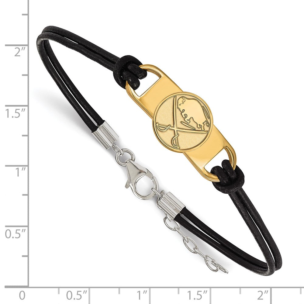Gold Plated Sterling Silver Nhl Logoart Buffalo Sabres Small Center Black Leather 7 Inch Bracelet With Extender