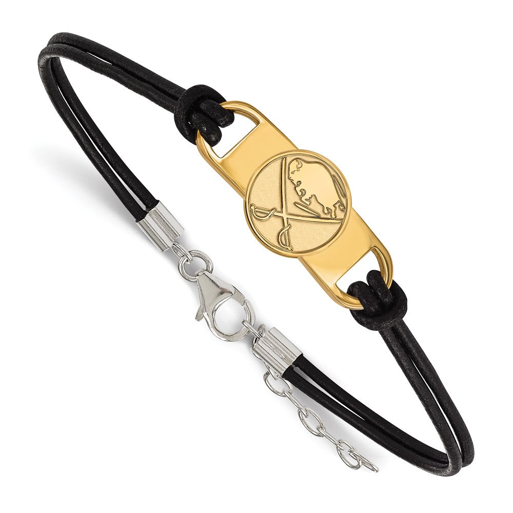 Gold Plated Sterling Silver Nhl Logoart Buffalo Sabres Small Center Black Leather 7 Inch Bracelet With Extender