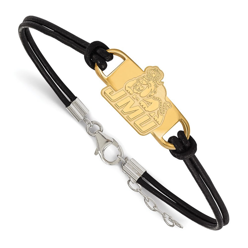 Gold Plated Sterling Silver Logoart James Madison University Small Center Black Leather 7 Inch Bracelet With Extender
