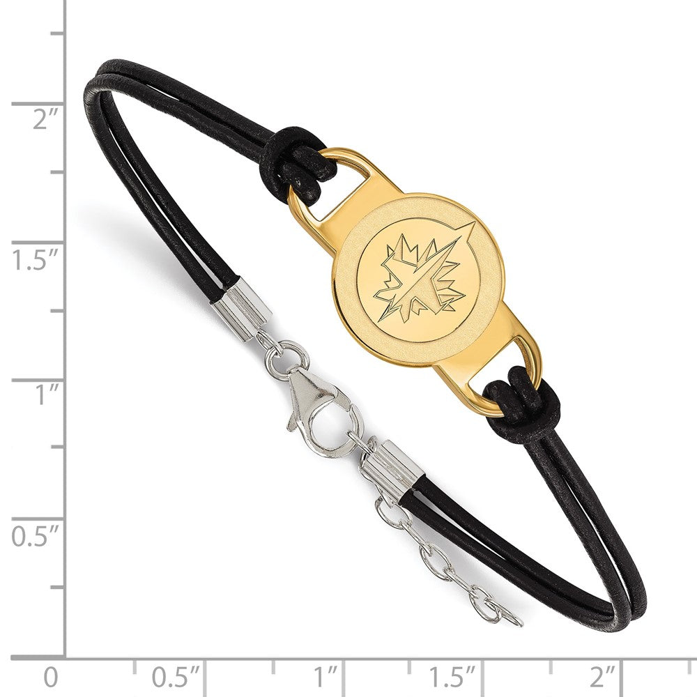 Gold Plated Sterling Silver Nhl Logoart Winnipeg Jets Small Center Black Leather 7 Inch Bracelet With Extender