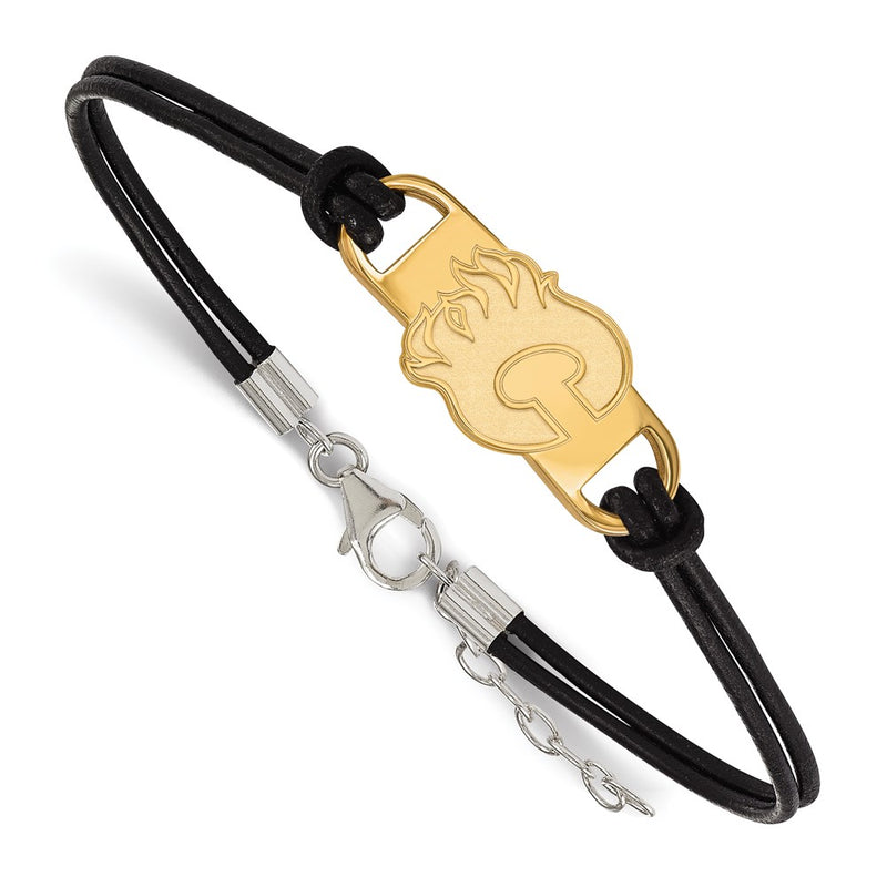 Gold Plated Sterling Silver Nhl Logoart Calgary Flames Letter C Small Center Black Leather 7 Inch Bracelet With Extender