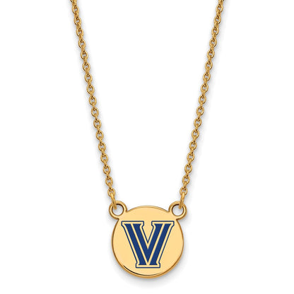 Gold Plated Sterling Silver Logoart Villanova University Letter V Small Enameled Disc Pendant 18 Inch Necklace