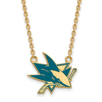 Gold Plated Sterling Silver Nhl Logoart San Jose Sharks Large Enameled Pendant 18 Inch Necklace