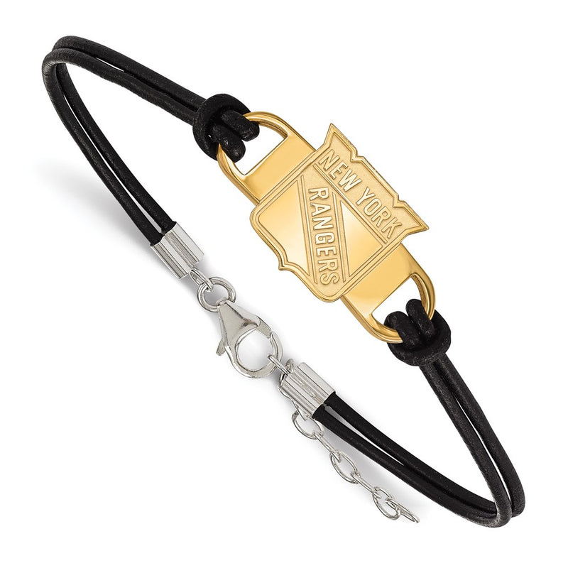Gold Plated Sterling Silver Nhl Logoart New York Rangers Small Center Black Leather 7 Inch Bracelet With Extender