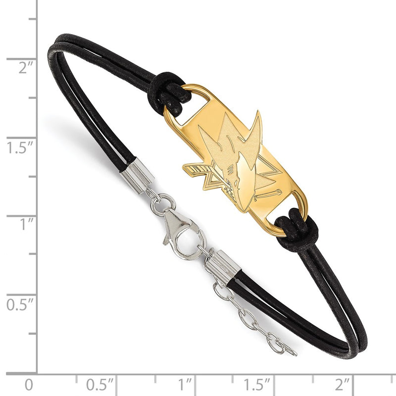 Gold Plated Sterling Silver Nhl Logoart San Jose Sharks Small Center Black Leather 7 Inch Bracelet With Extender