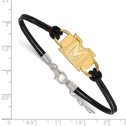 Gold Plated Sterling Silver Logoart Miami University Ohio Letter M Small Center Black Leather 7 Inch Bracelet With Extender