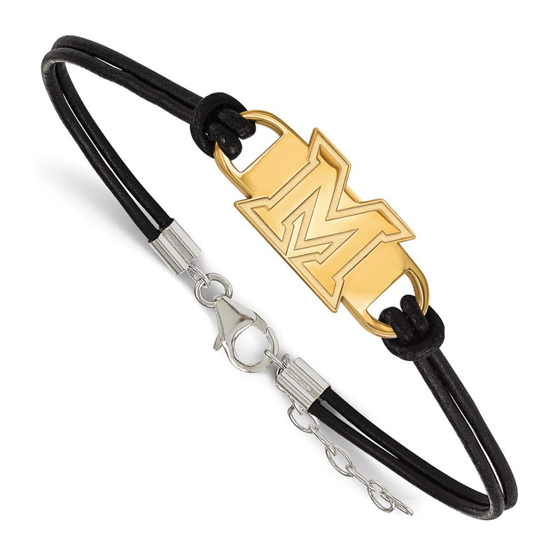 Gold Plated Sterling Silver Logoart Miami University Ohio Letter M Small Center Black Leather 7 Inch Bracelet With Extender