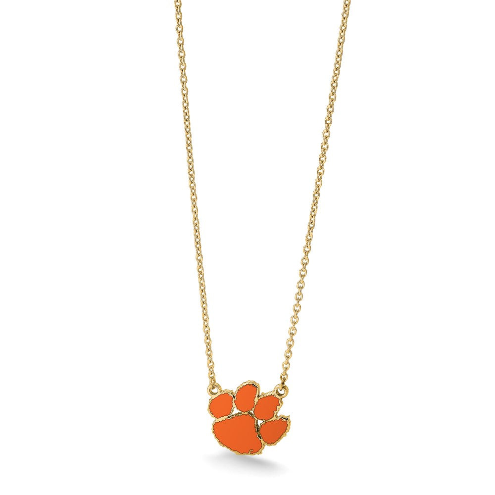 Gold Plated Sterling Silver Logoart Clemson University Tiger Paw Large Enameled Pendant 18 Inch Necklace