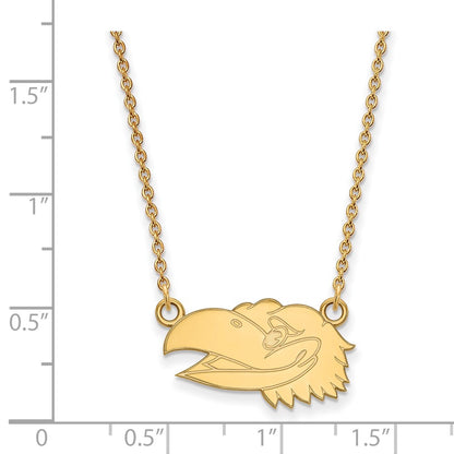 Gold Plated Sterling Silver Logoart University Of Kansas Jayhawk Small Pendant 18 Inch Necklace