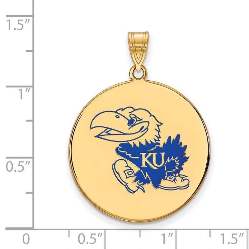 Gold Plated Sterling Silver Logoart University Of Kansas Jayhawk Extra Large Enameled Disc Pendant