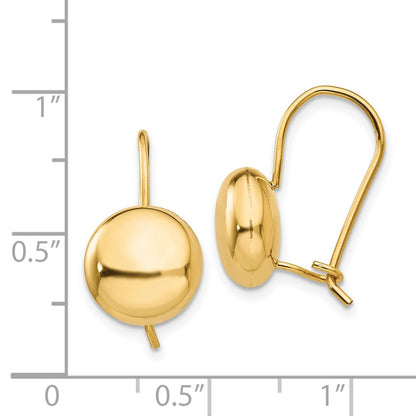 14K Yellow Gold Polished 10.5mm Button Kidney Wire Earrings