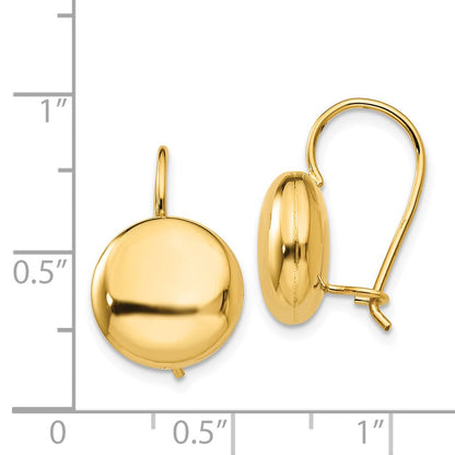14K Yellow Gold Polished 12mm Button Kidney Wire Earrings