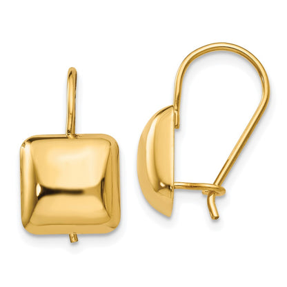 14K Yellow Gold Polished 9.5mm Puffed Square Kidney Wire Earrings