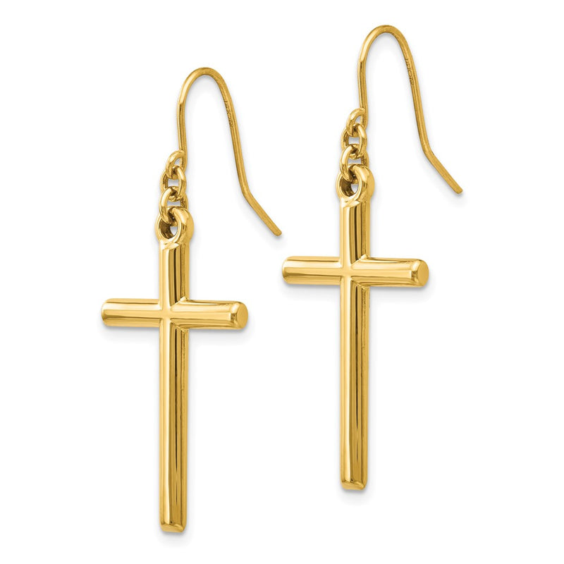 14K Yellow Gold Cross Shepherd Hook Dangle Earrings