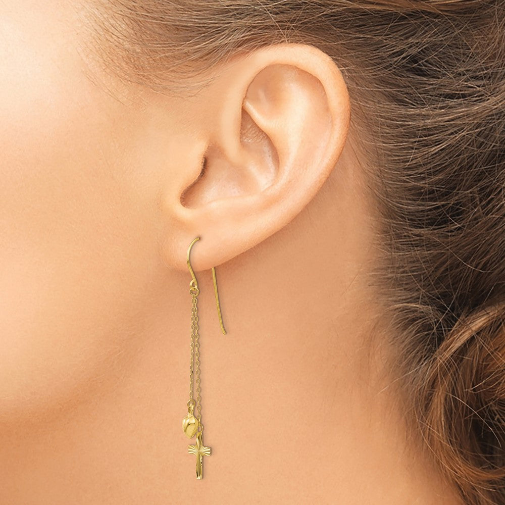 14K Yellow Gold Ropa Chain Puffed Heart And Diamond Cut Cross Dangle Earrings