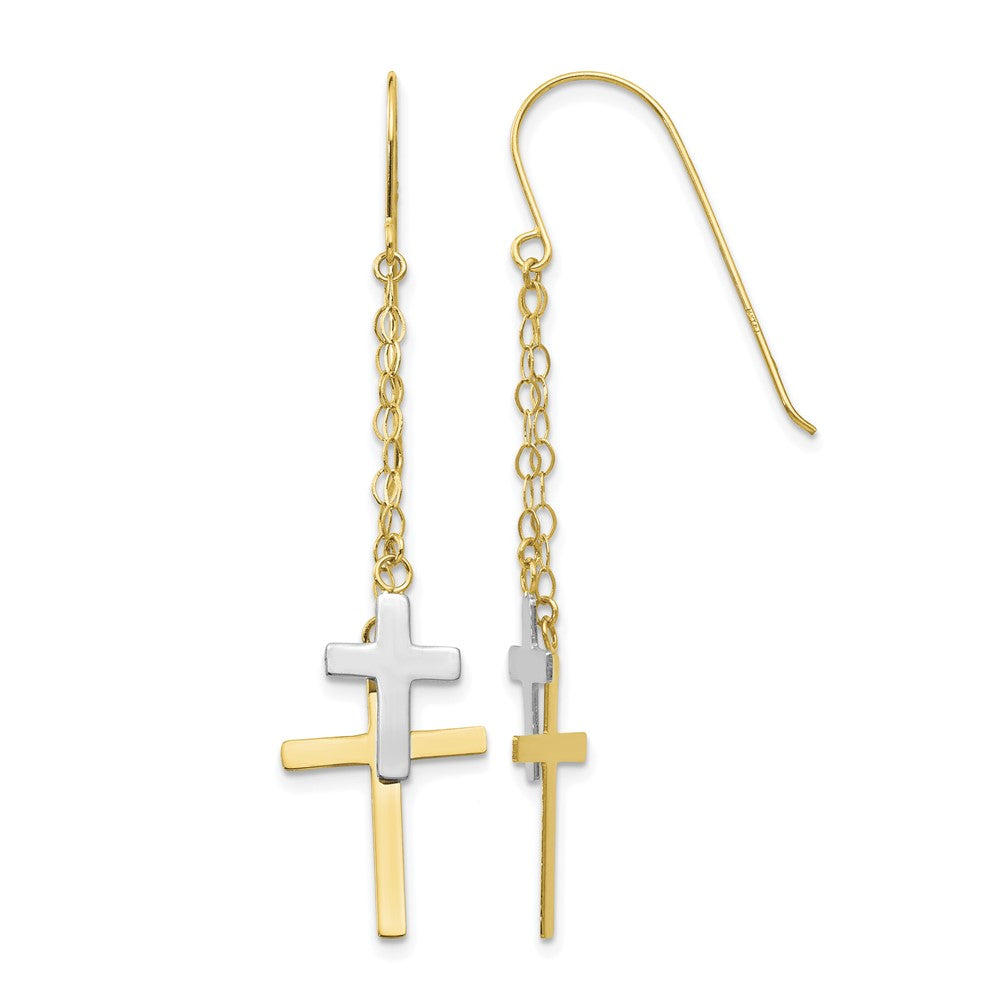 14k-two-tone-chain-dangle-cross-shepherd-hook-earrings-h1091