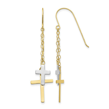 14k-two-tone-chain-dangle-cross-shepherd-hook-earrings-h1091