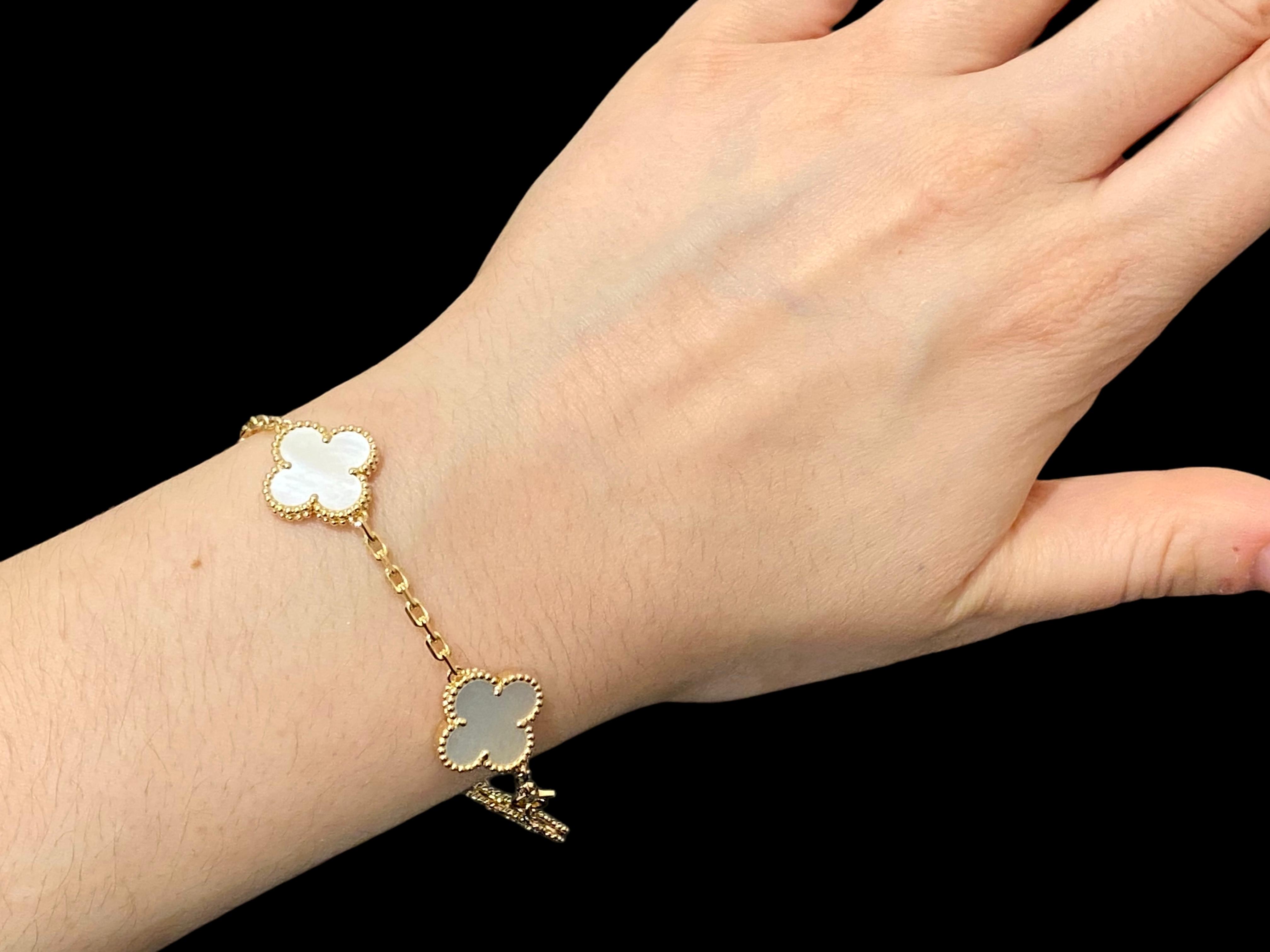 Clover Floral Alhambra Style Bracelet in Solid 10K/14K/18K Yellow Gold Malachite/Pearl/Black Onyx/Carnelian Gemstone