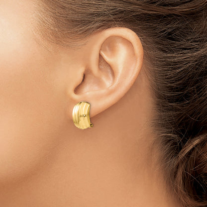 14K Yellow Gold Polished Ribbed Non Pierced Omega Back Earrings