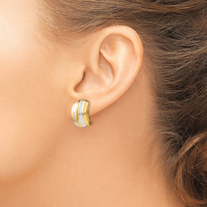 14K Yellow & Rhodium Ribbed Non Pierced Omega Back Earrings