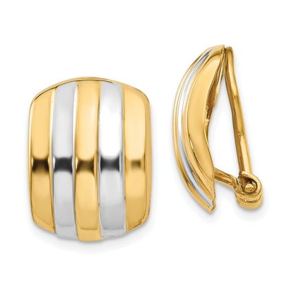 14K Yellow & Rhodium Ribbed Non Pierced Omega Back Earrings