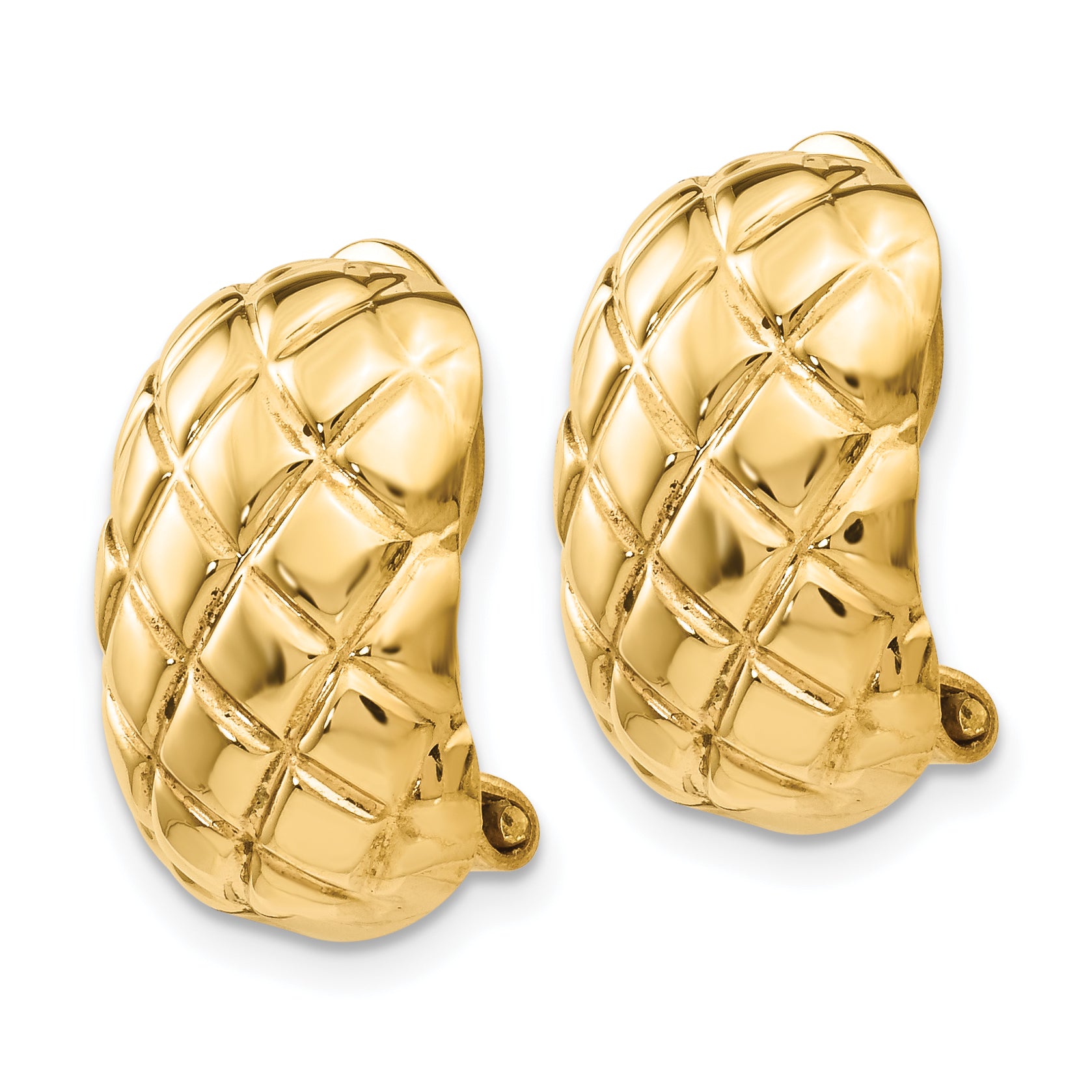 14K Yellow Gold Polished Quilted Non Pierced Omega Back Earrings